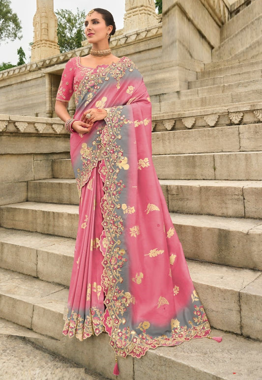 Women Pink Silk With Embroidery Sequins Work Bridal Saree