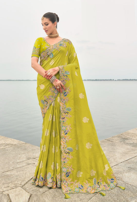 Lime Green Silk With Embroidery Sequins Work Bridal Saree