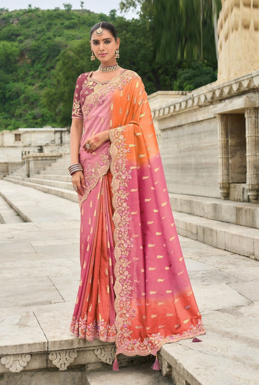 Women Pink And Orange Silk With Embroidery Sequins Work Bridal Saree