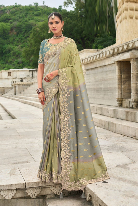 Women Grey Silk With Embroidery Sequins Work Bridal Saree