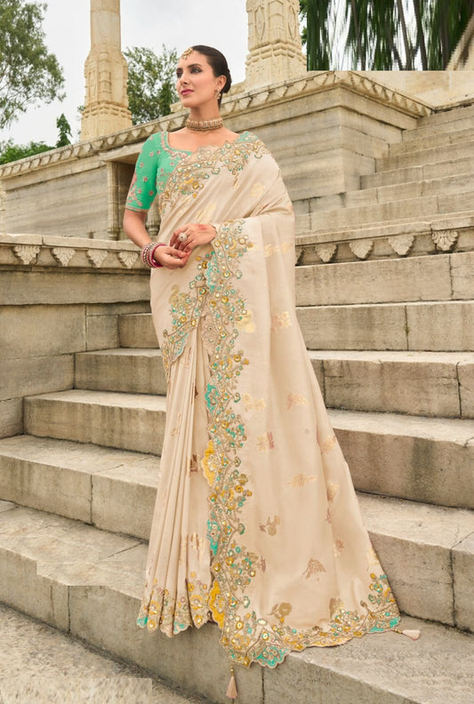 Women Light Beige Silk With Embroidery Sequins Work Bridal Saree