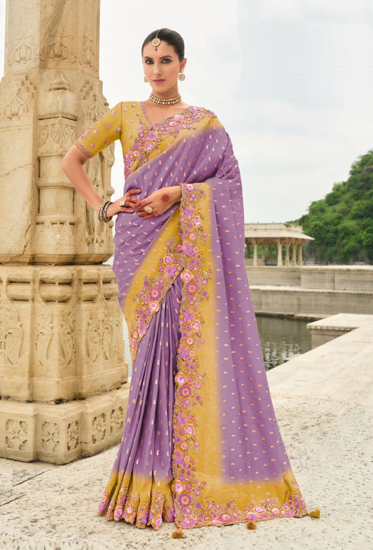 Women Lilac Silk With Embroidery Sequins Work Bridal Saree