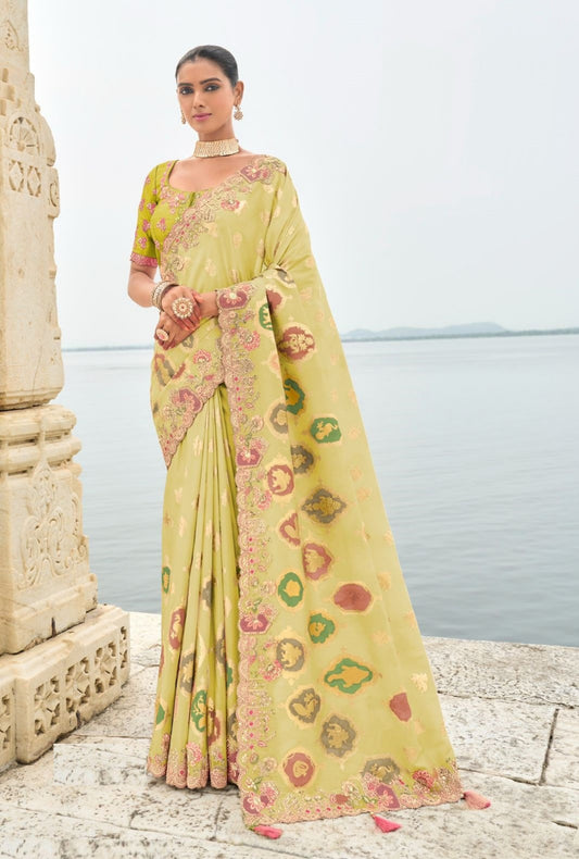 Women Lime Green Silk With Embroidery Sequins Work Bridal Saree