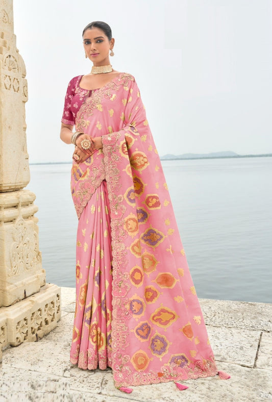 Pink Silk With Embroidery Sequins Work Bridal Saree