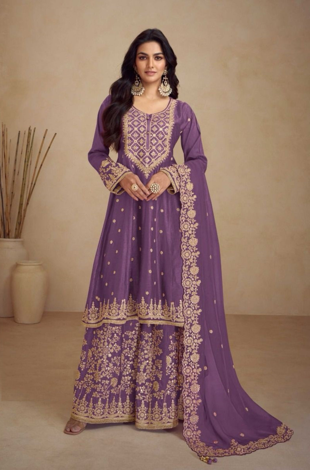 Women Purple Chinon Palazzo Bottom Suit Set