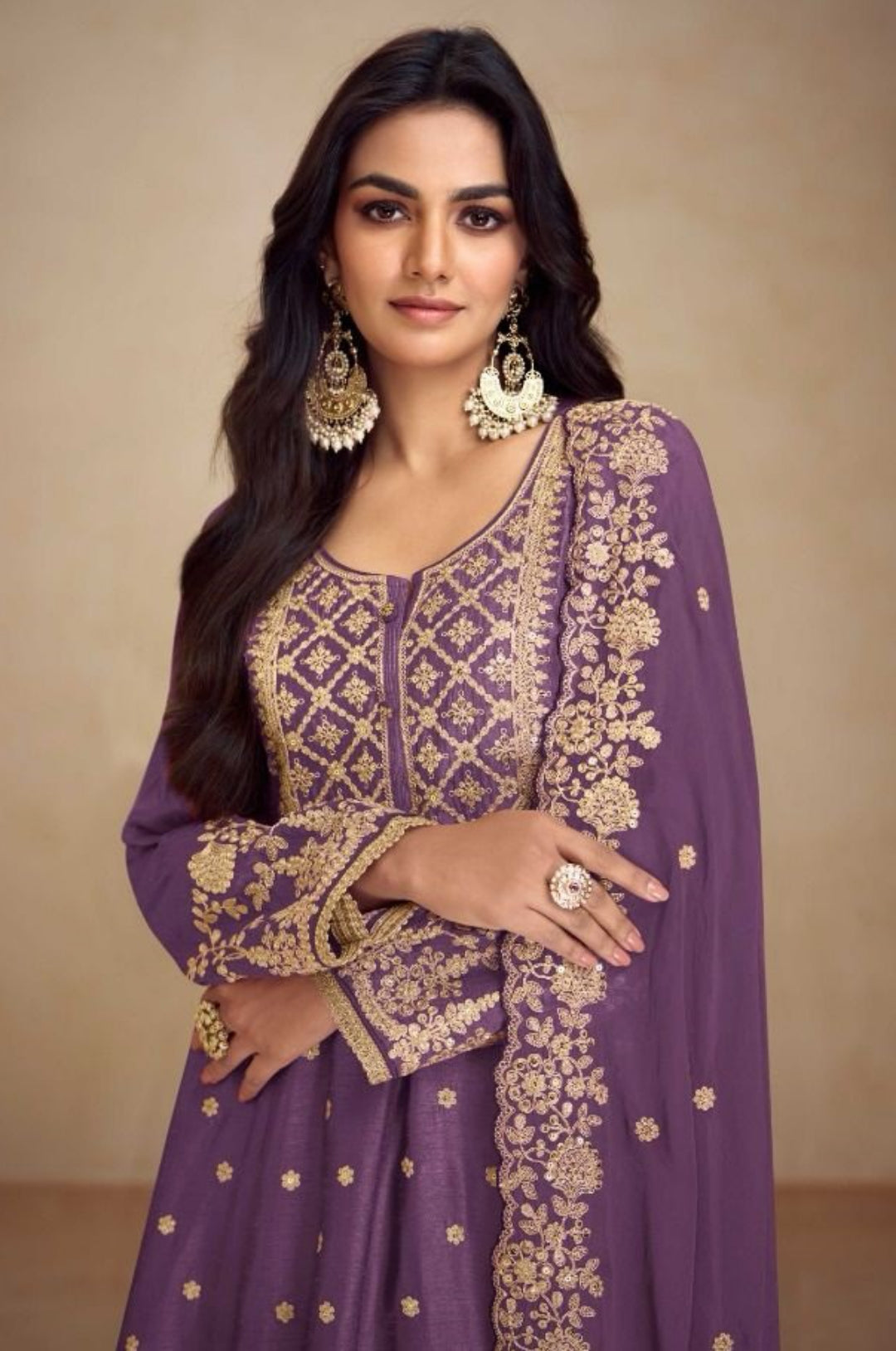 Women Purple Chinon Palazzo Bottom Suit Set