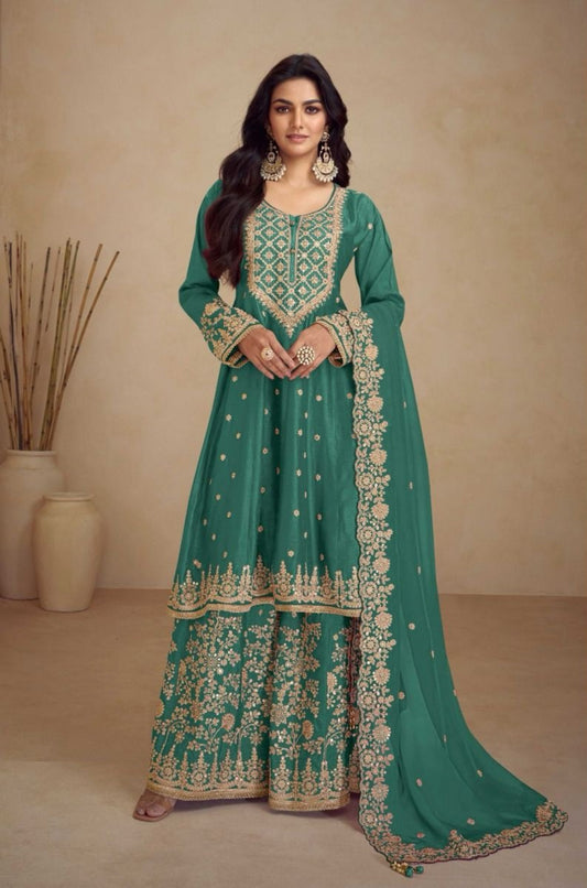 Women Rama Green Chinon Palazzo Bottom Suit Set