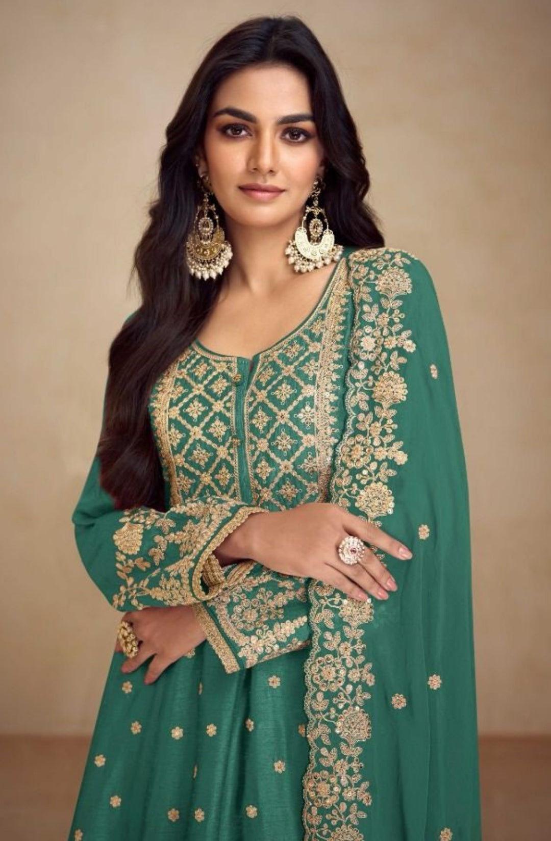 Women Rama Green Chinon Palazzo Bottom Suit Set