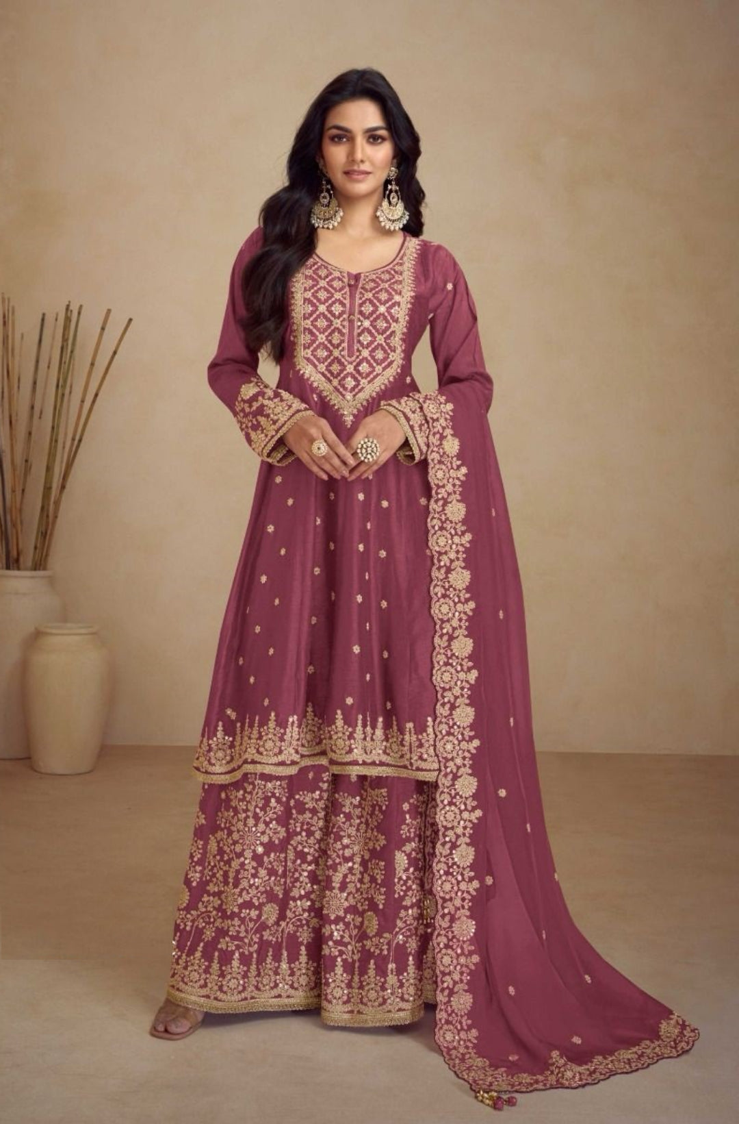 Women Mauve Chinon Palazzo Bottom Suit Set