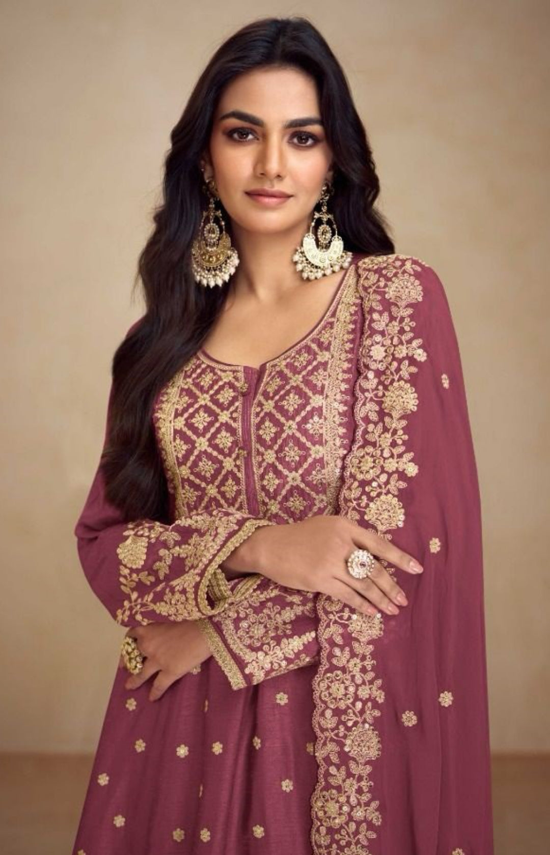 Women Mauve Chinon Palazzo Bottom Suit Set