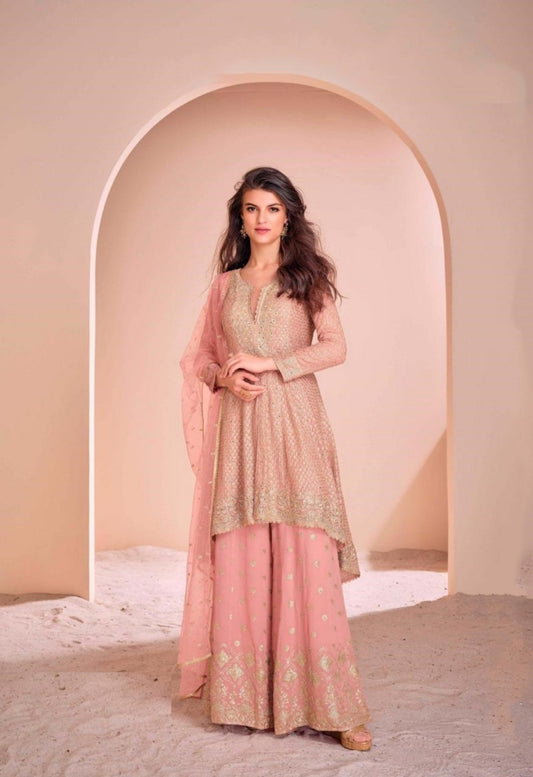 Women Light Pink Georgette Palazzo Bottom Suit Set