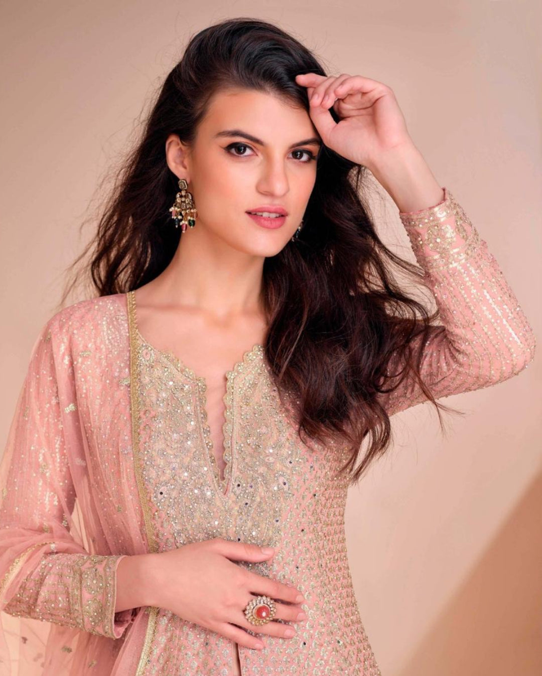 Women Light Pink Georgette Palazzo Bottom Suit Set