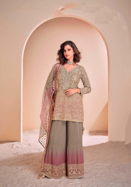 Women Grey Georgette Palazzo Bottom Suit Set