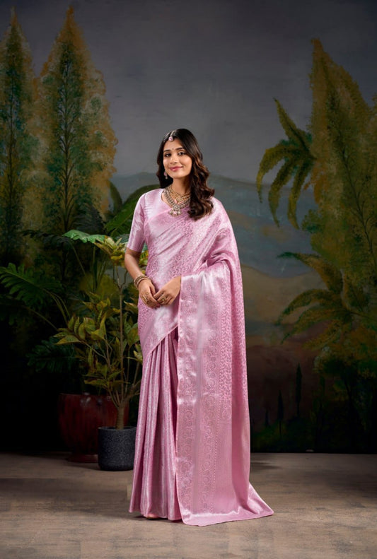 Women Light Pink Kanjivaram Silk Zari Weaving Work Saree