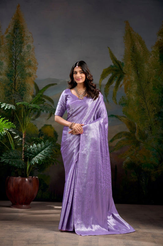 Women Light Purple Kanjivaram Silk Zari Weaving Work Saree
