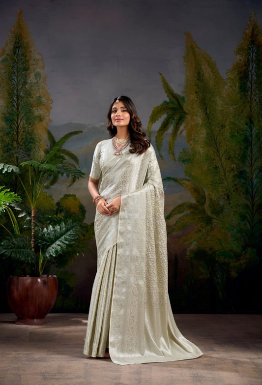 Women Light Green Kanjivaram Silk Zari Weaving Work Saree