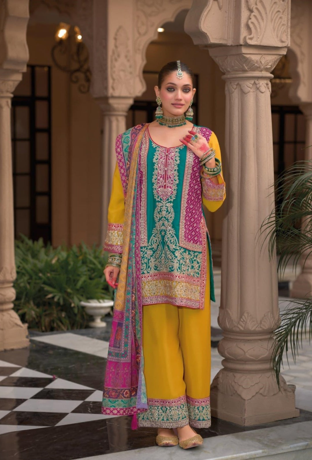 Women Teal And Mustard Chinon With Embroidery Work Palazzo Bottom Suit Set