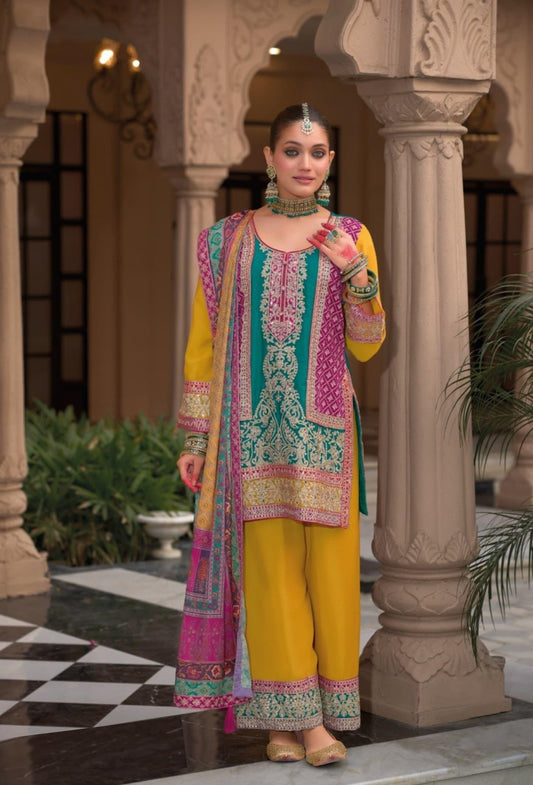 Women Teal And Mustard Chinon With Embroidery Work Palazzo Bottom Suit Set
