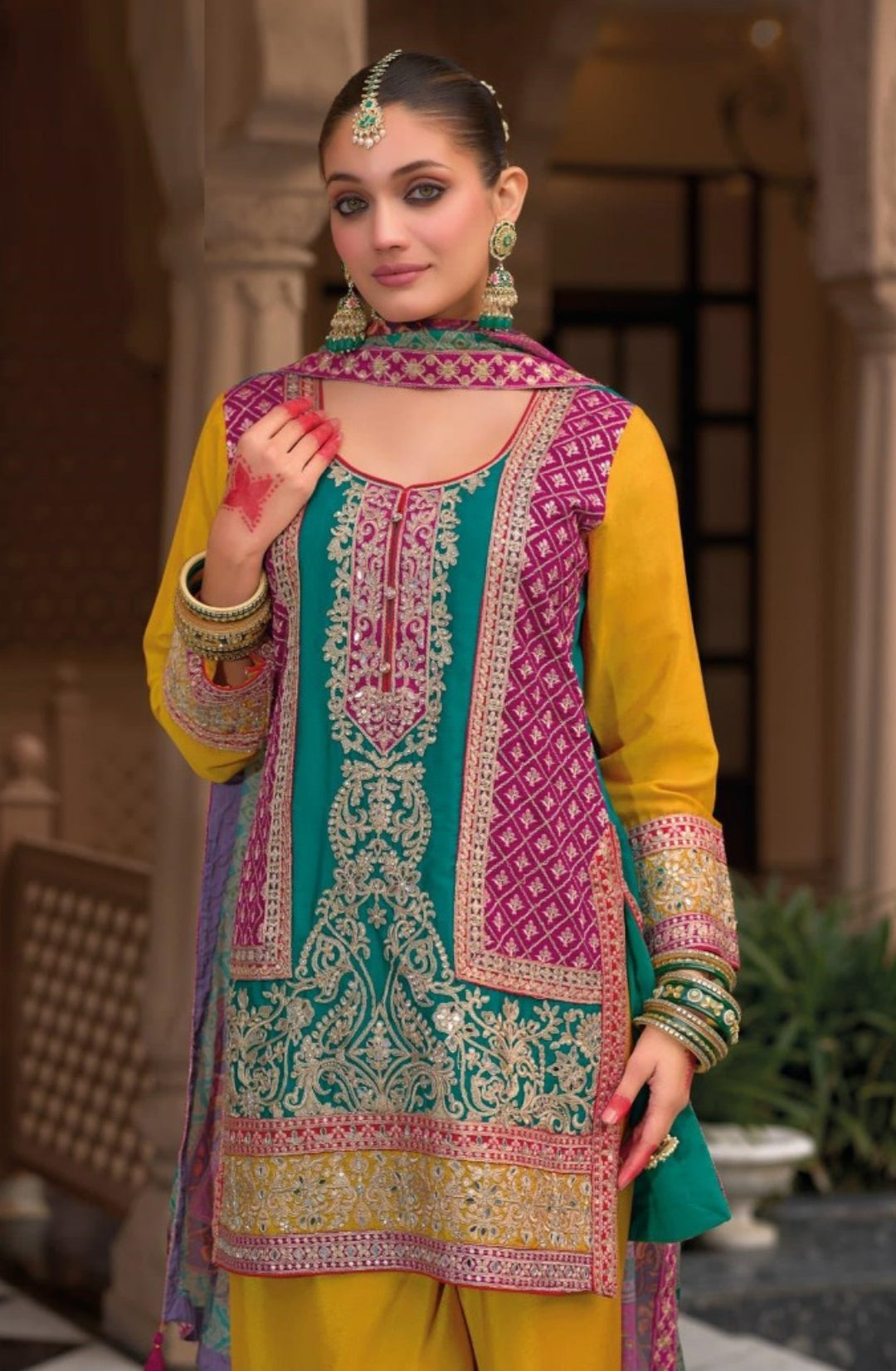 Women Teal And Mustard Chinon With Embroidery Work Palazzo Bottom Suit Set