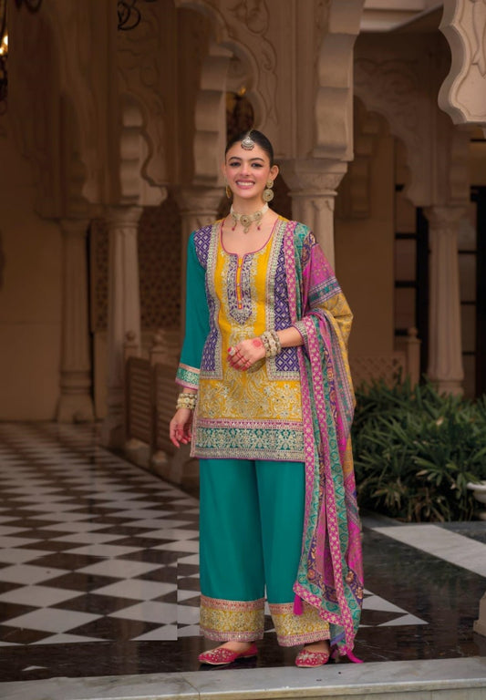 Women Mustard And Teal Chinon With Embroidery Work Palazzo Bottom Suit Set