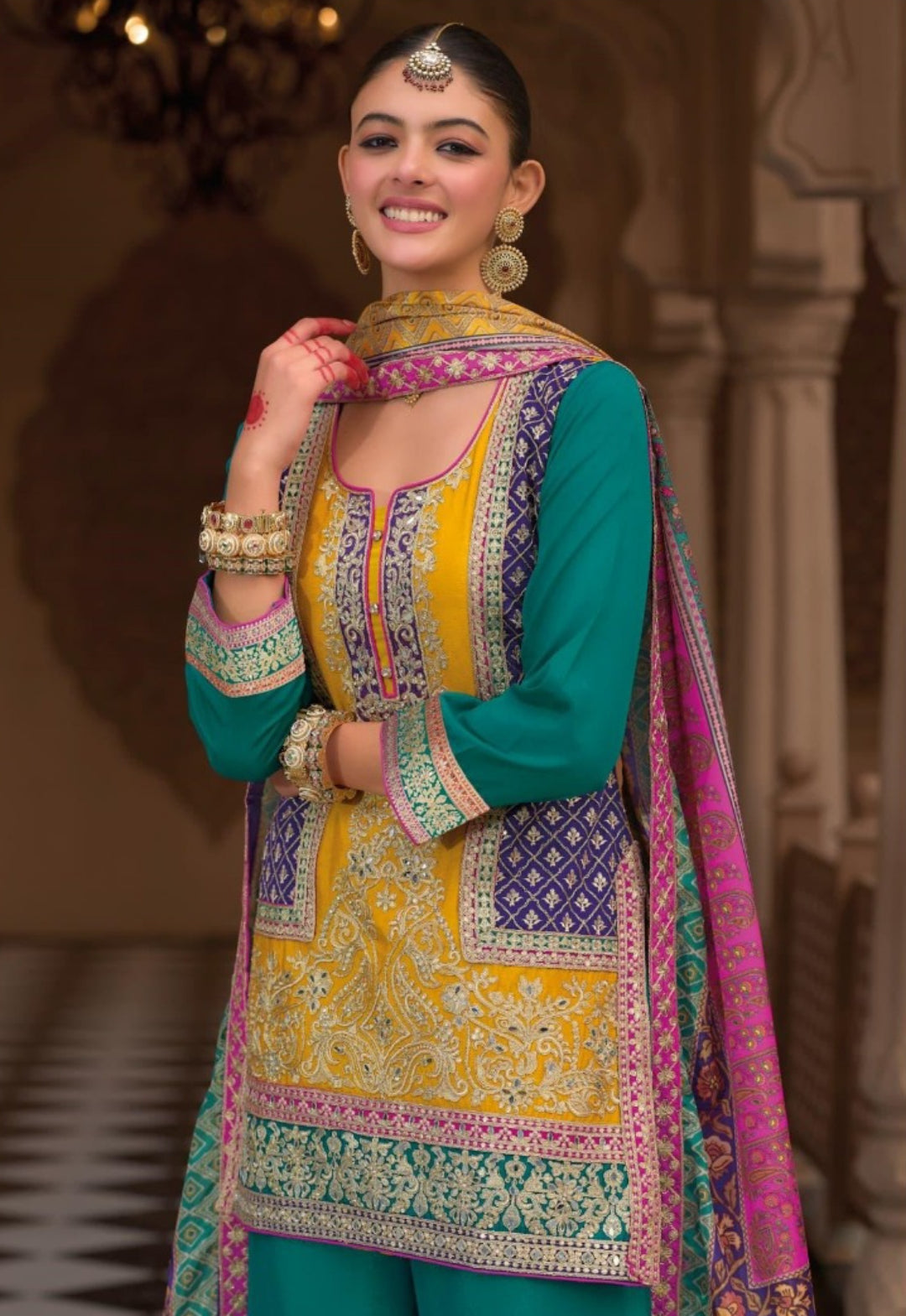 Women Mustard And Teal Chinon With Embroidery Work Palazzo Bottom Suit Set