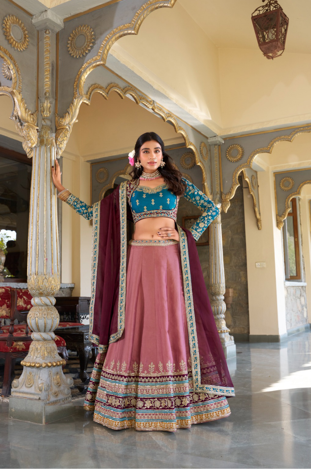 Iconic Mauve And Teal Silk Sequins With Embroidery Work Reception Lehenga