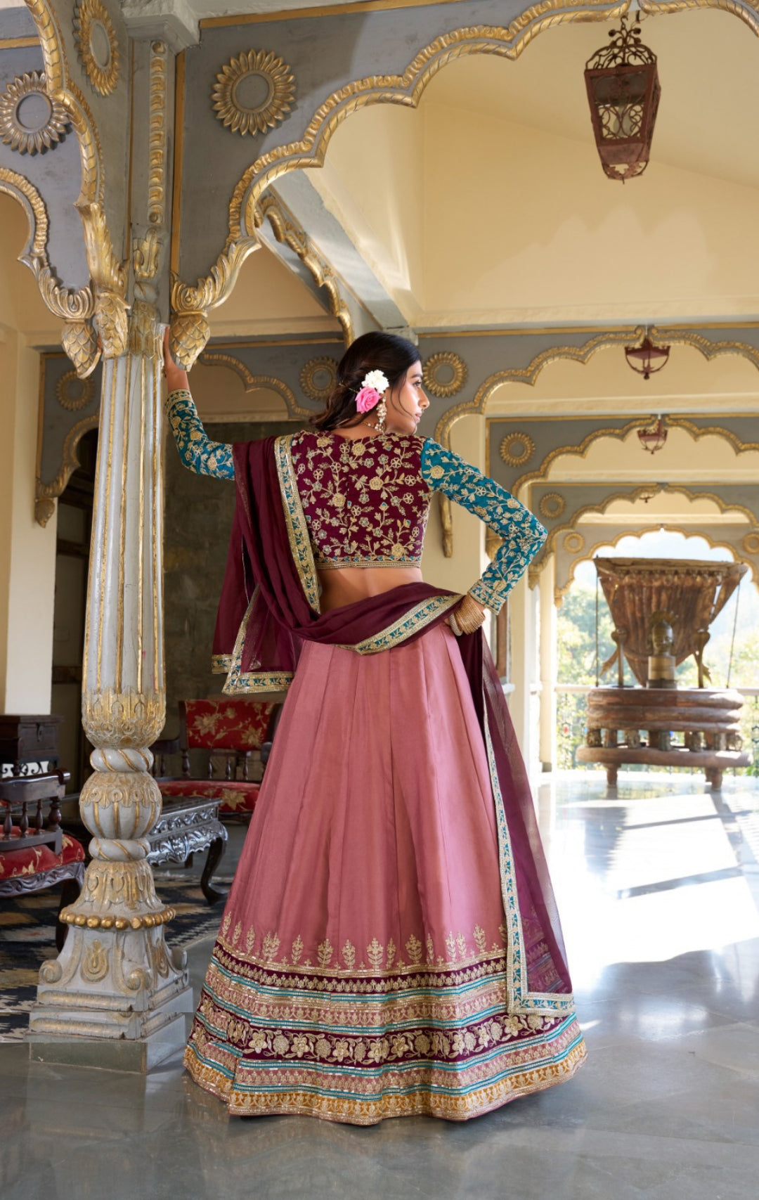 Iconic Mauve And Teal Silk Sequins With Embroidery Work Reception Lehenga