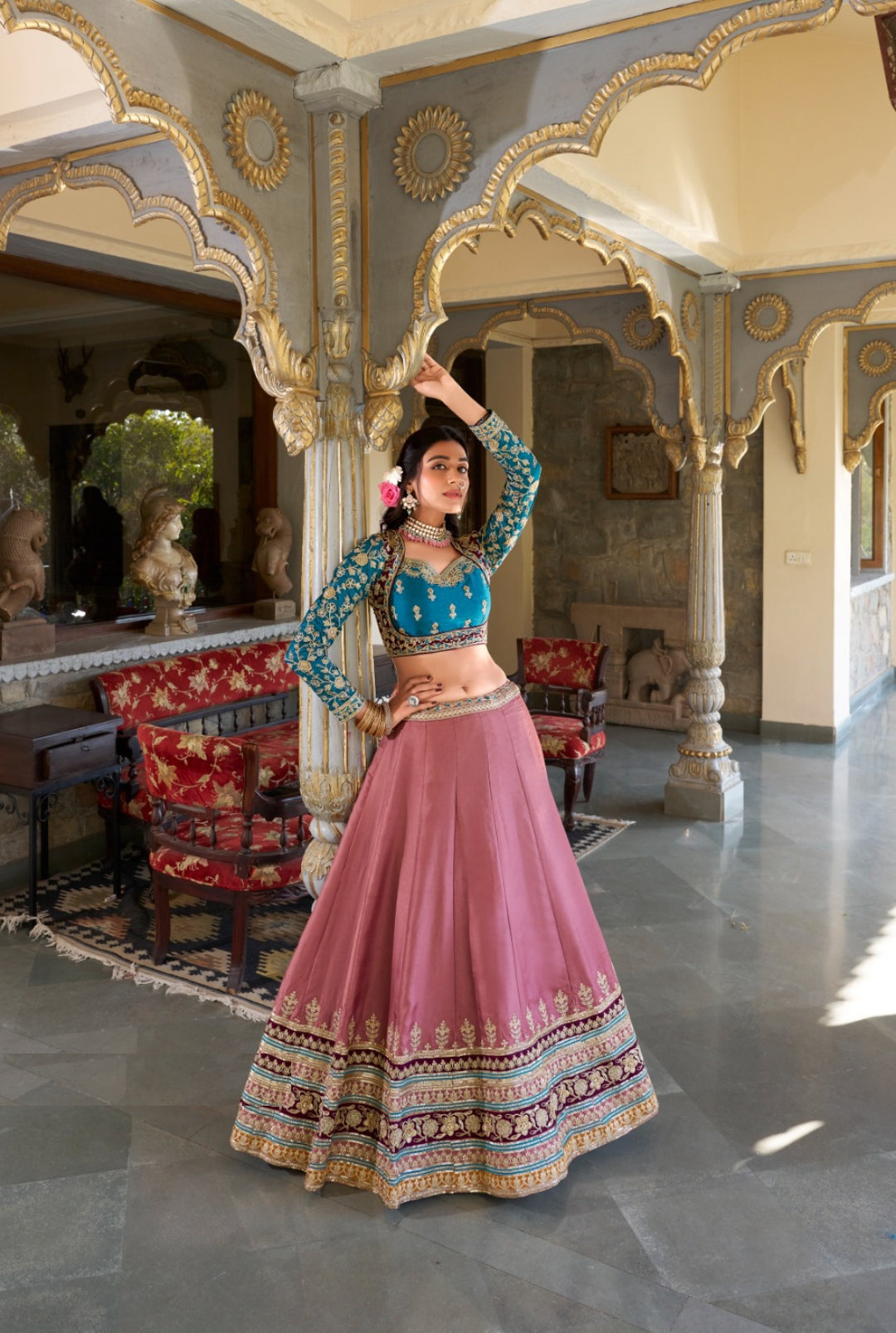 Iconic Mauve And Teal Silk Sequins With Embroidery Work Reception Lehenga