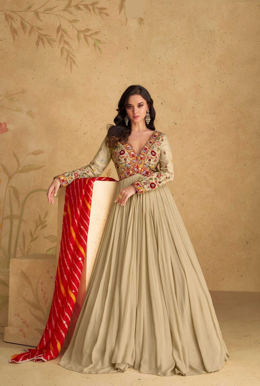 Radiant Beige Real Chinon Silk Georgeete Gown With Dupatta