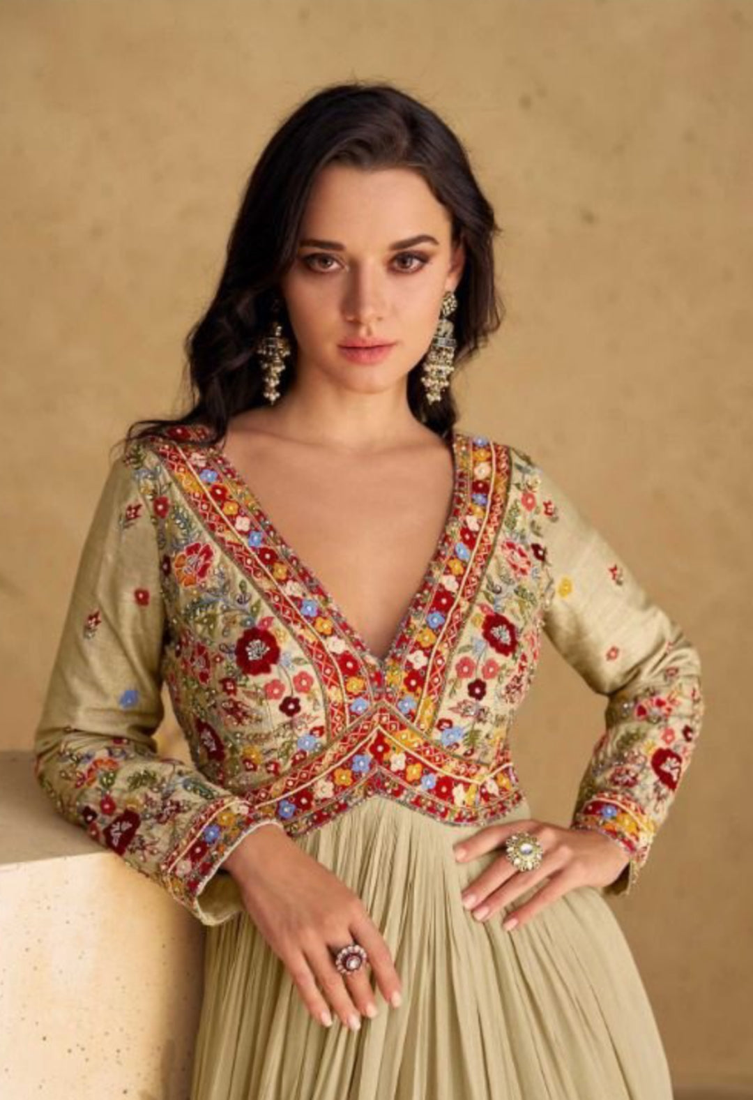 Radiant Beige Real Chinon Silk Georgeete Gown With Dupatta