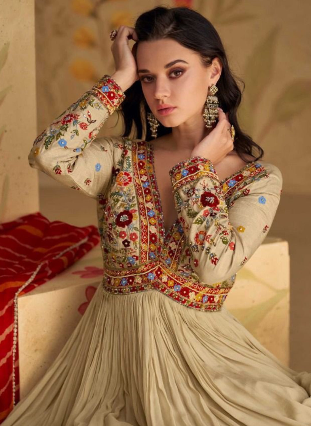 Radiant Beige Real Chinon Silk Georgeete Gown With Dupatta
