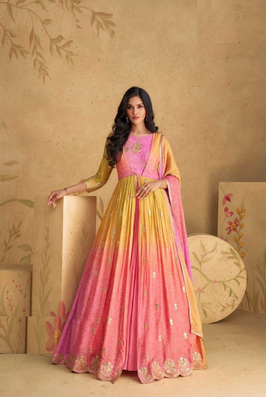 Breathtaking Pink Multi Real Chinon Silk Georgeete Gown With Dupatta