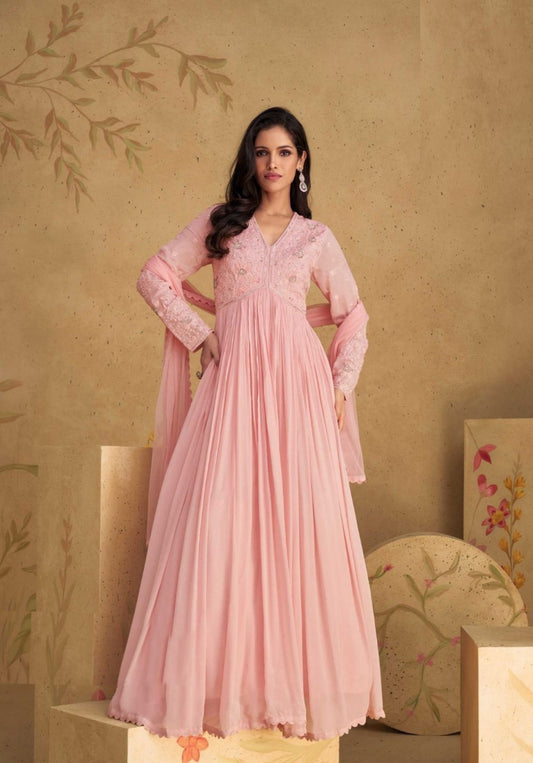Gleaming Baby Pink Real Chinon Silk Georgeete Gown With Dupatta