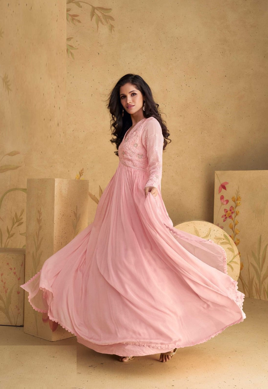 Gleaming Baby Pink Real Chinon Silk Georgeete Gown With Dupatta