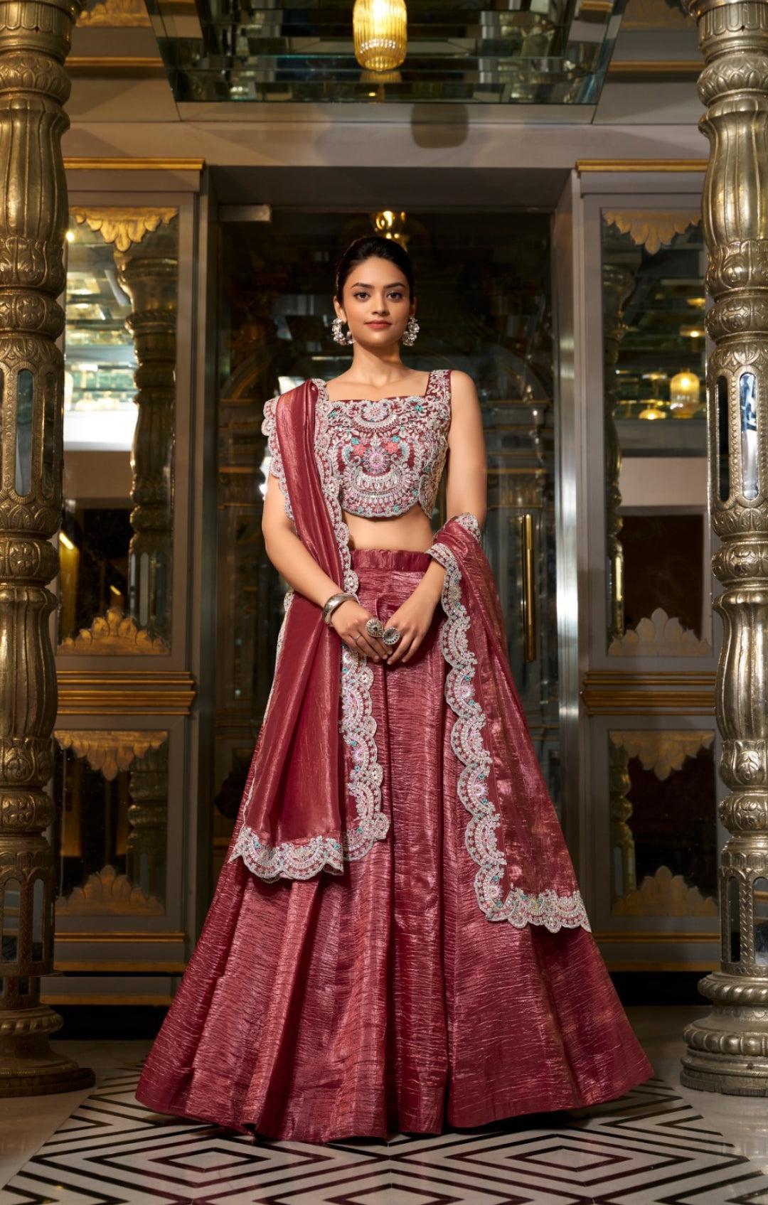 Enchanting Maroon Gold Crush Silk Stylish Lehenga