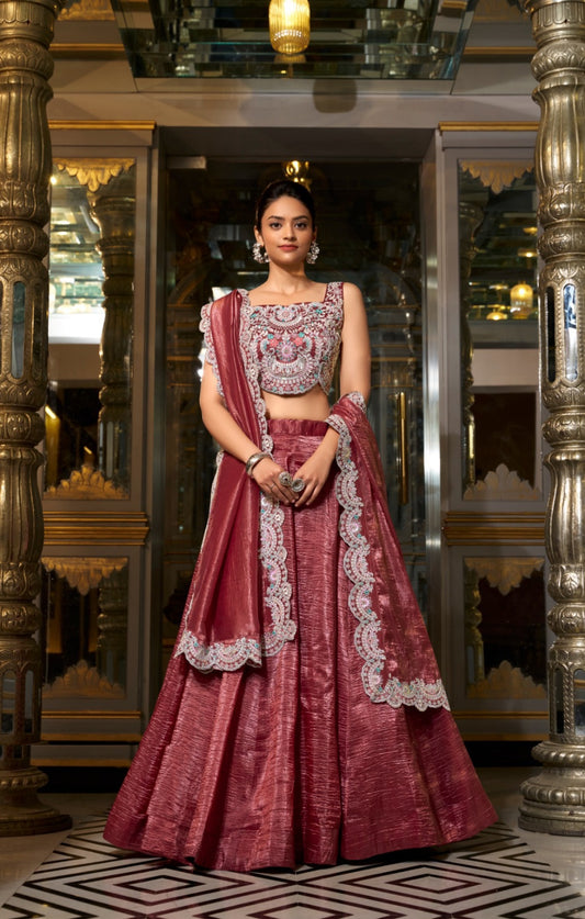 Enchanting Maroon Gold Crush Silk Stylish Lehenga