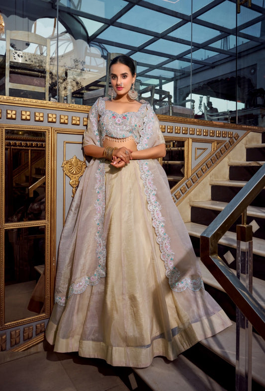 Effortless Cream Gold Crush Silk Stylish Lehenga