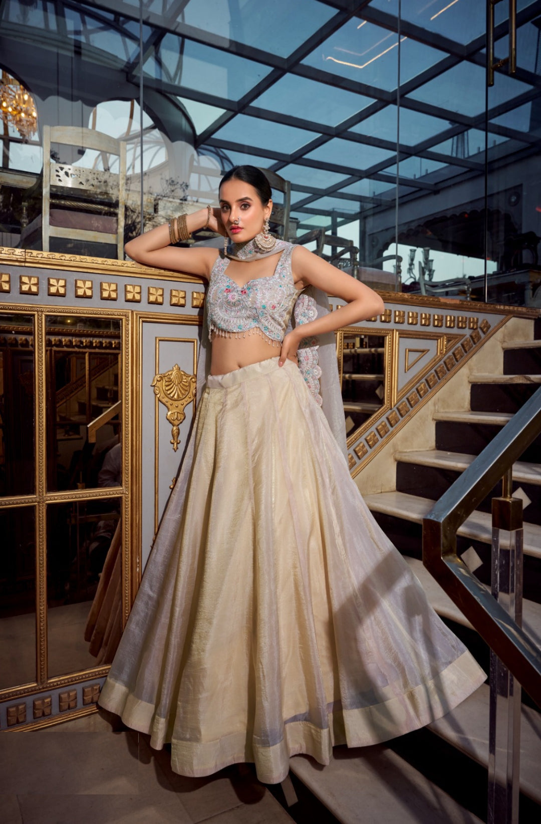 Effortless Cream Gold Crush Silk Stylish Lehenga