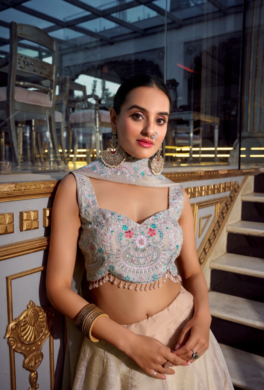 Effortless Cream Gold Crush Silk Stylish Lehenga