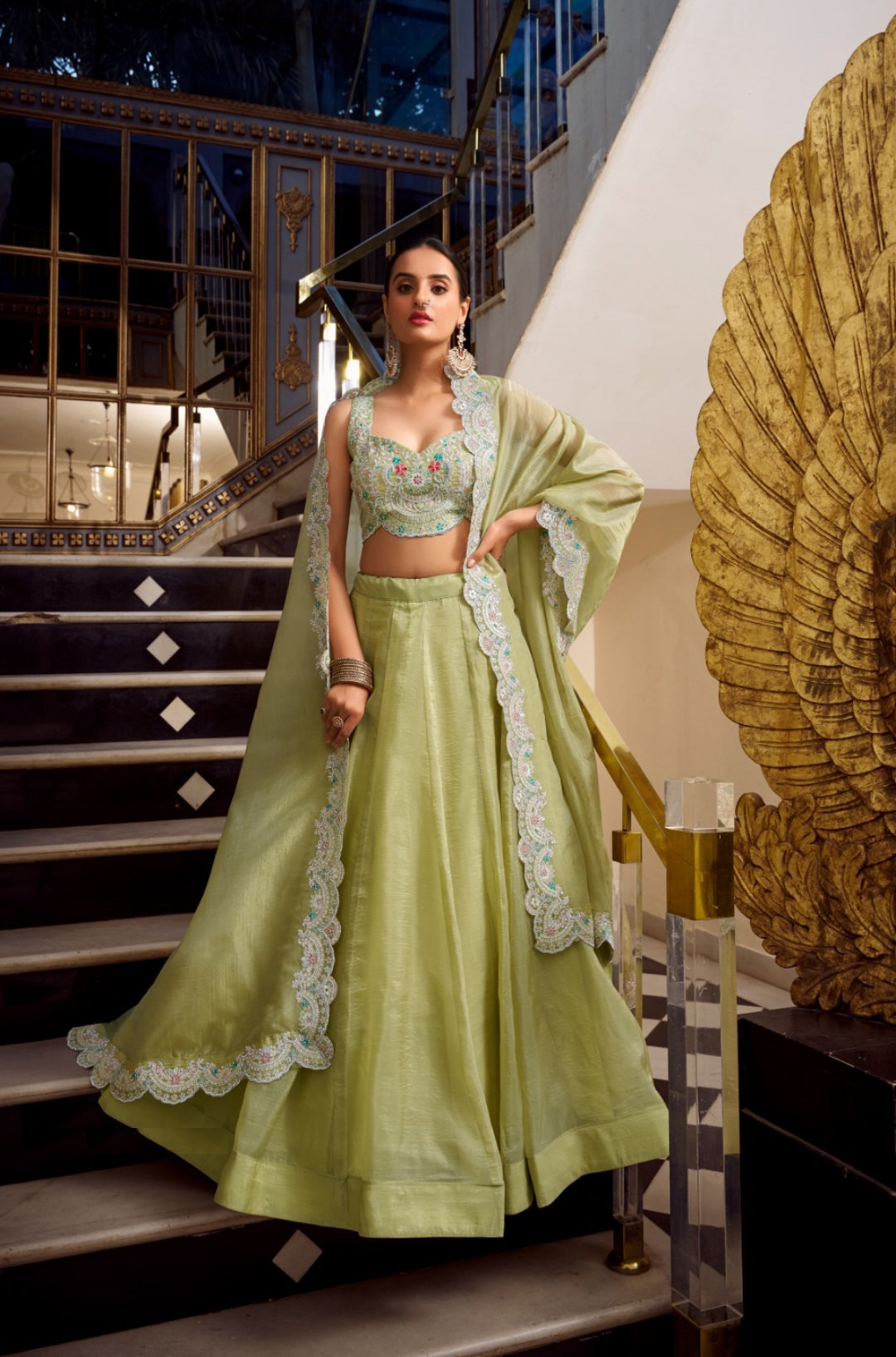 Flattering Lime Green Gold Crush Silk Stylish Lehenga