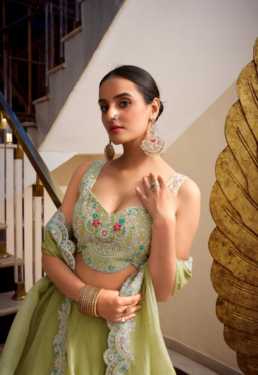Flattering Lime Green Gold Crush Silk Stylish Lehenga