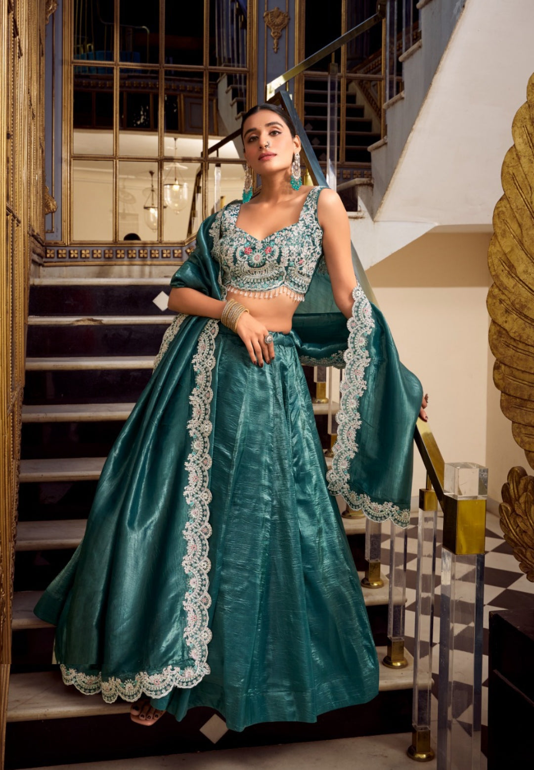 Sublime Teal Gold Crush Silk Stylish Lehenga