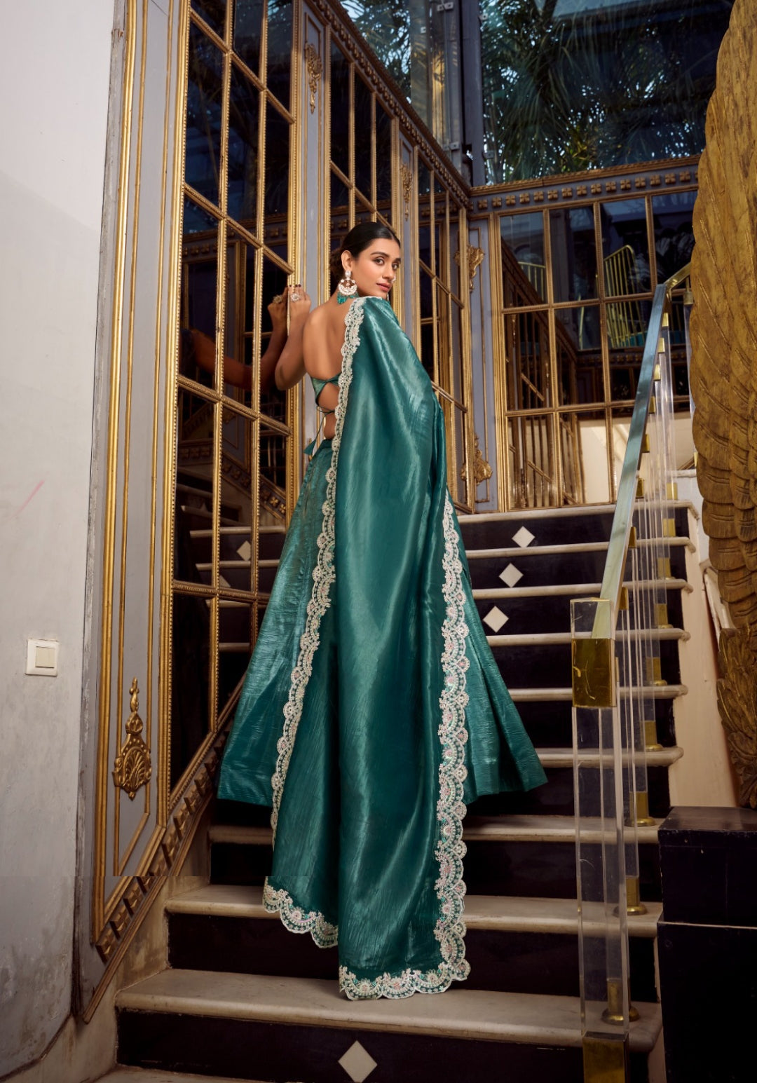 Sublime Teal Gold Crush Silk Stylish Lehenga