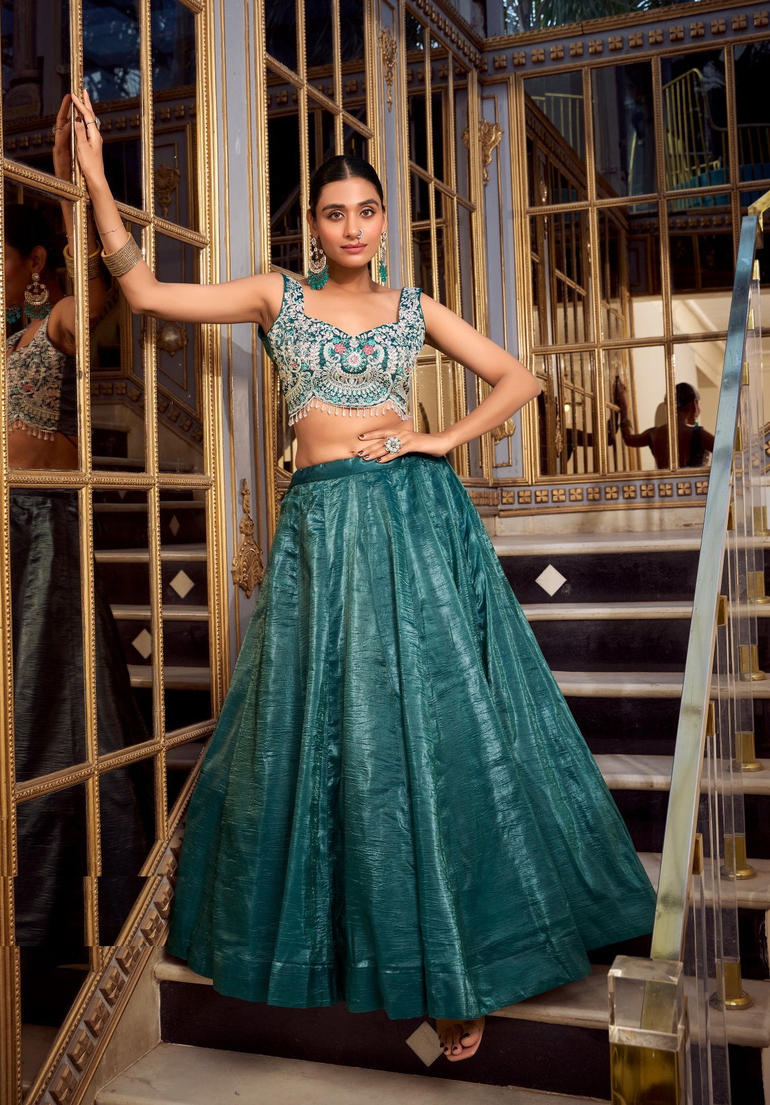 Sublime Teal Gold Crush Silk Stylish Lehenga