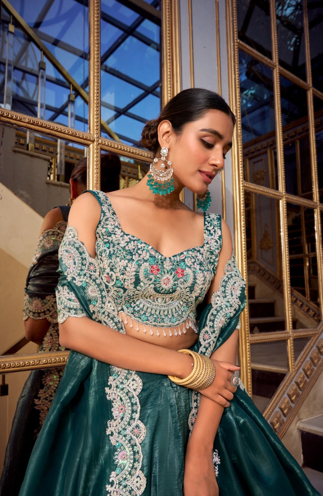 Sublime Teal Gold Crush Silk Stylish Lehenga