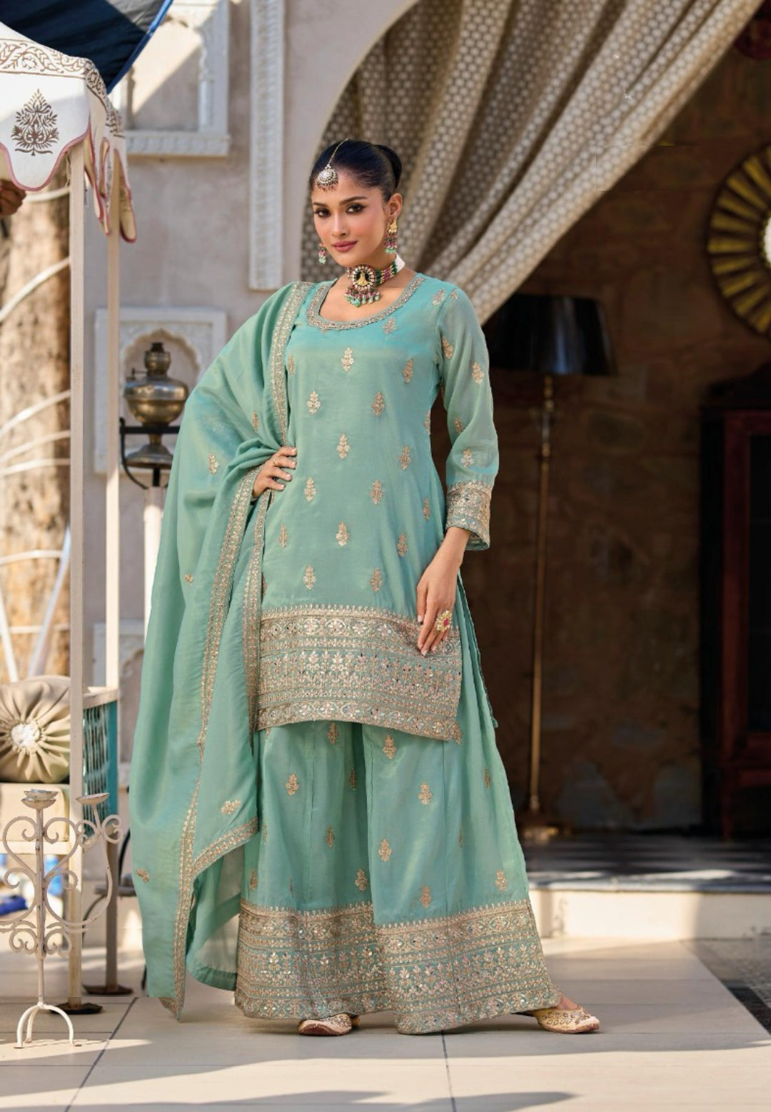 Contemporary Sky Blue Shimmer Palazzo Bottom Suit Set