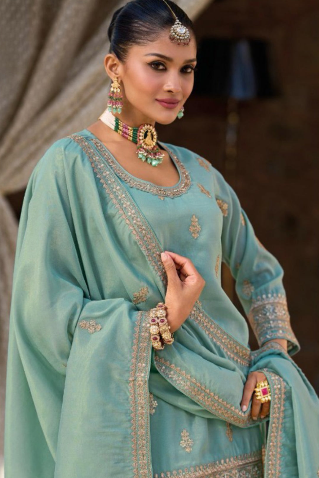 Contemporary Sky Blue Shimmer Palazzo Bottom Suit Set