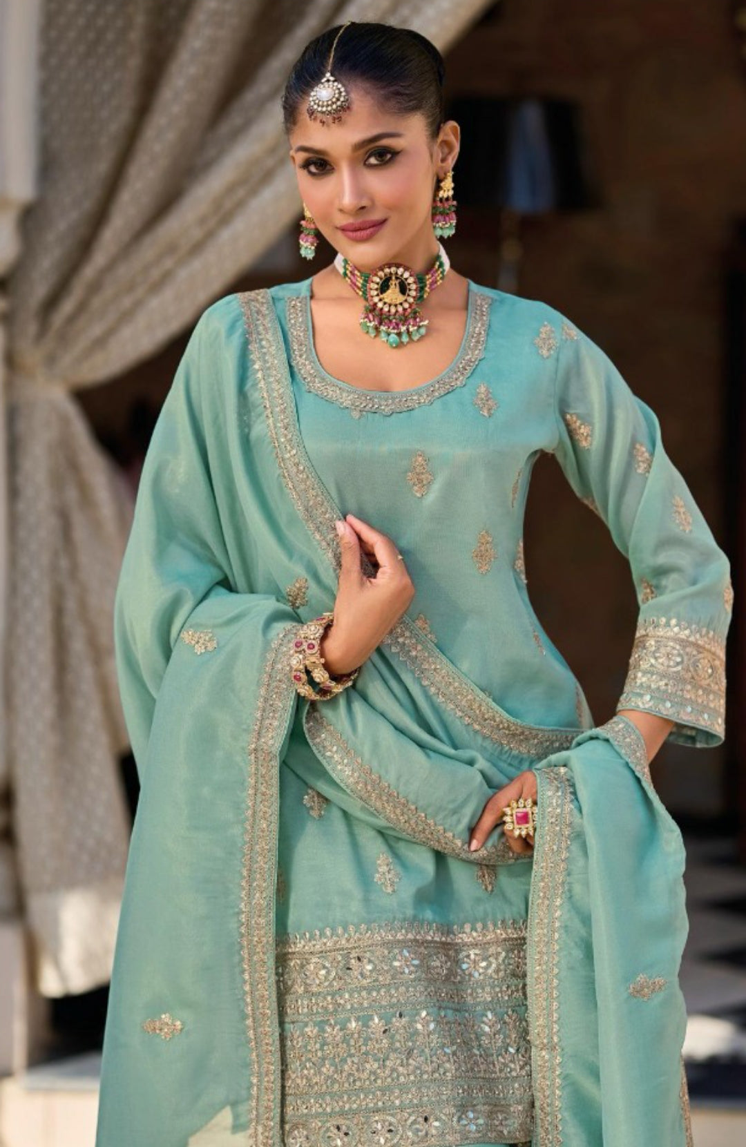Contemporary Sky Blue Shimmer Palazzo Bottom Suit Set