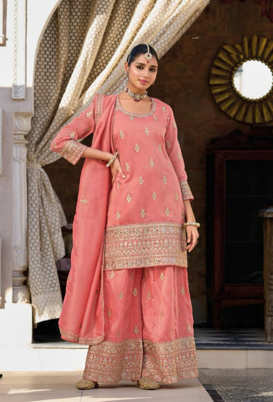 Understated Light Pink Shimmer Palazzo Bottom Suit Set