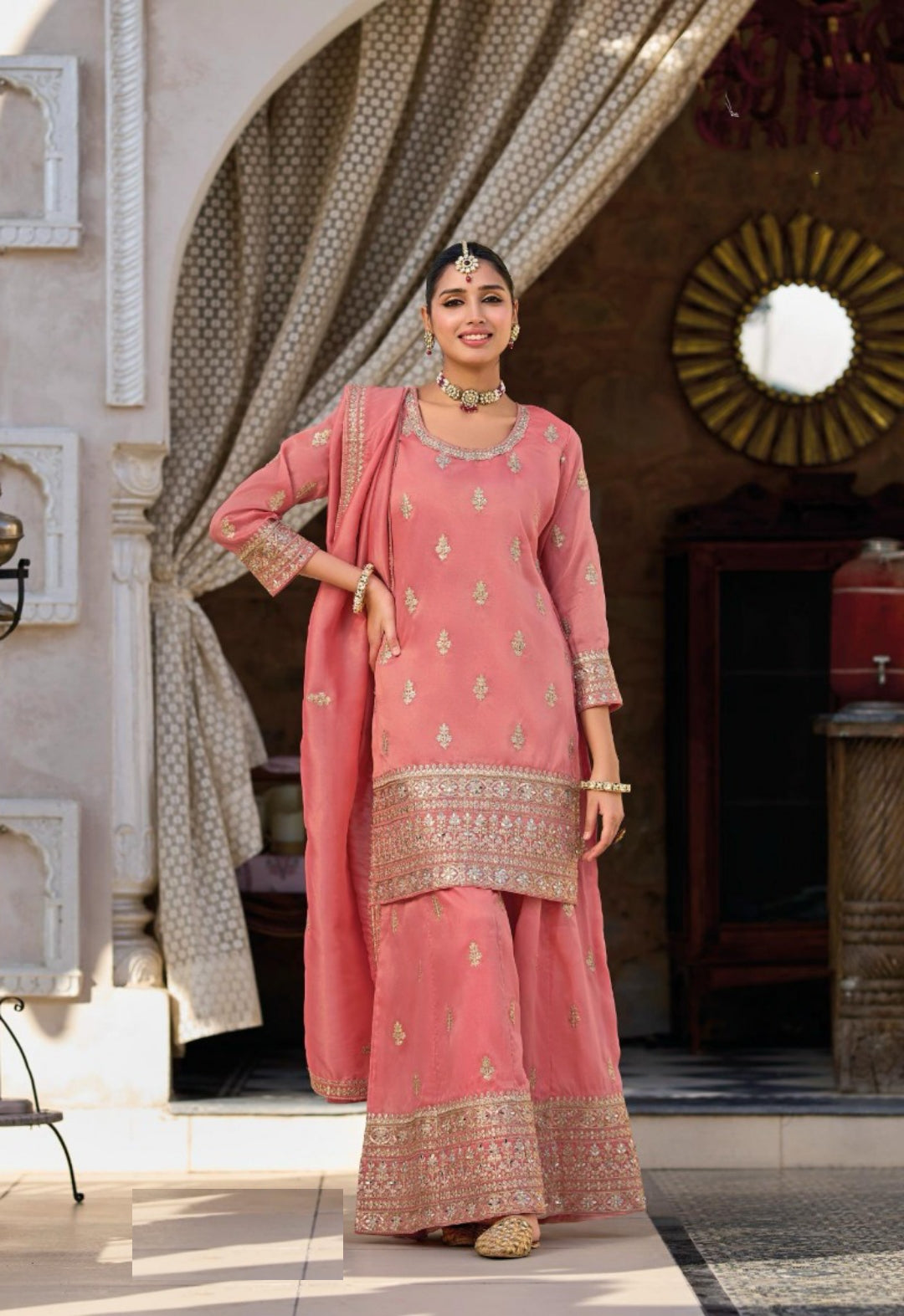 Understated Light Pink Shimmer Palazzo Bottom Suit Set